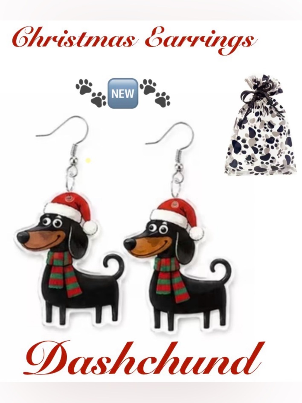 Dachshund Dog W/Christmas Hat Acrylic Earrings W/ Paw Print Jewelry Bag 🐾🆕🐾